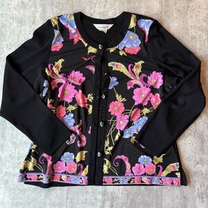 Grannycore floral black cardigan coastal grandma eclectic sweater womens M